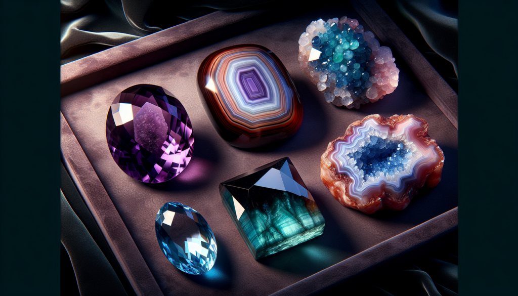 Afficher : Collection de pierres en A : améthyste, agate, aigue-marine, alexandrite sur fond velours sombre.