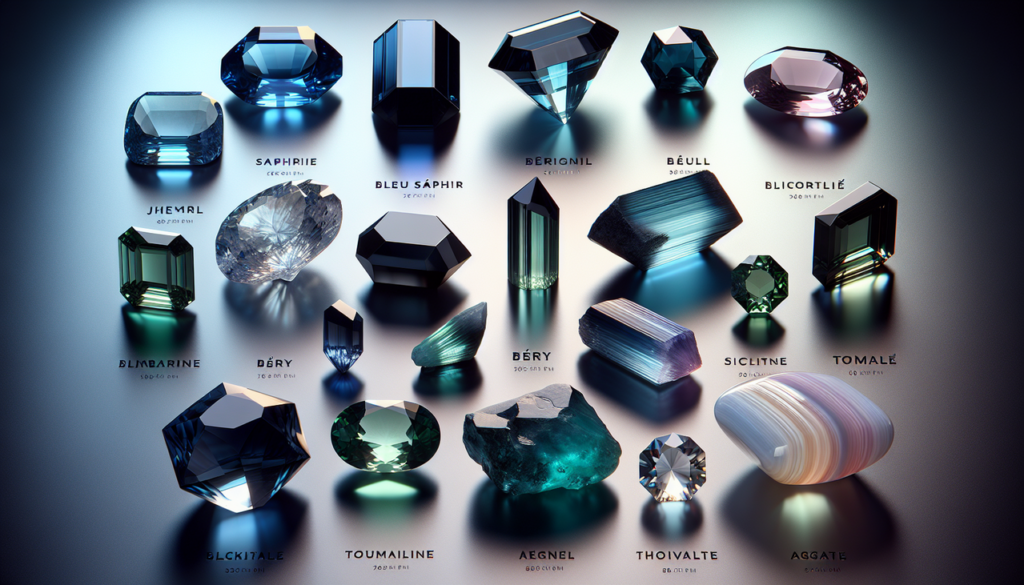 Pierre en B variées, gemmes colorées et texturées, saphir bleu, émeraude verte, biotite hexagonale, tourmaline noire, agate blanche.