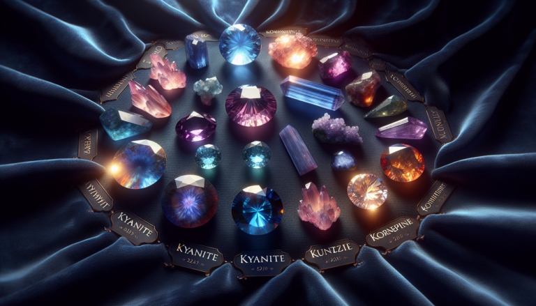 Gemstones including Kyanite, Kunzite, Kornerupine on dark velvet background.