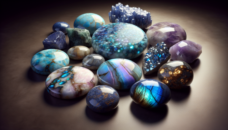 Montage photo pierres: larimar, lepidolite, labradorite, lapis lazuli, éclairage tapissant, fond neutre.