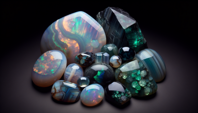 Collection gemmes: opale, onyx, olivine. Mise en scène élégante, couleurs vives, netteté impeccable.