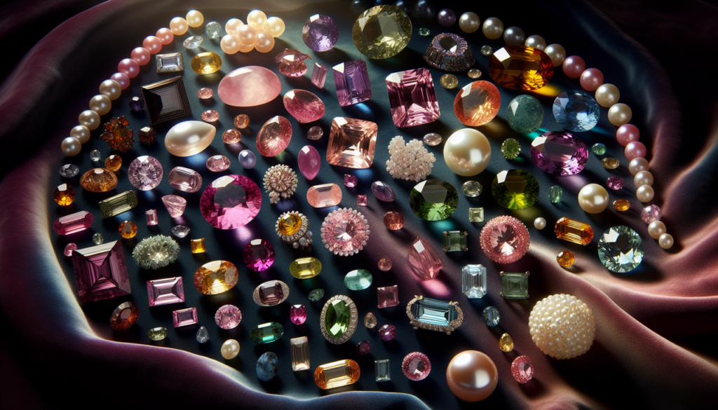 Pierre en P : Collection de gemmes précieuses incluant pink tourmaline, peridot, pearl, prasiolite, prehnite et pietersite sur fond velours sombre.