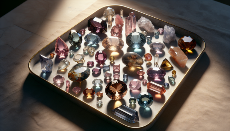Gemstones labeled with names starting with "Q" in French on elegant neutral background.