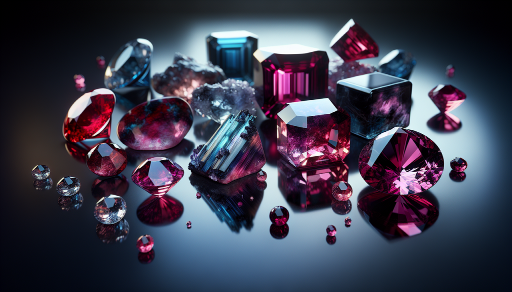 Affiche : "Collection riche en pierres : rubis, rhodonite et ryolite sur surface sombre brillante."
