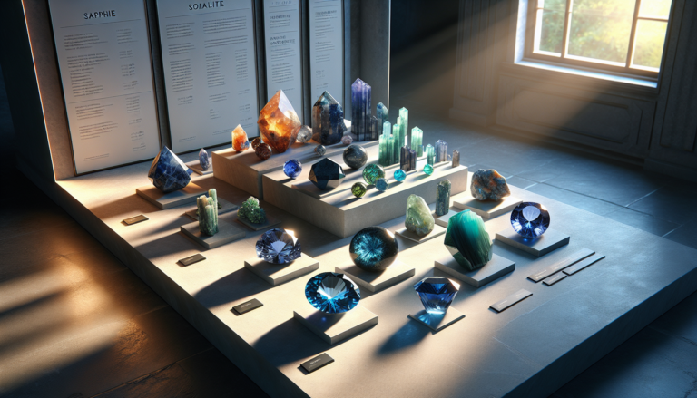 Gemmes : Saphir bleu, Serpentine verte, Sodalite bleu, Sunstone orange.