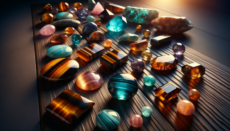 Pierre en T - Gemmes: Oeil de Tigre, Topaze, Tourmaline, Turquoise sur bois foncé brillant.