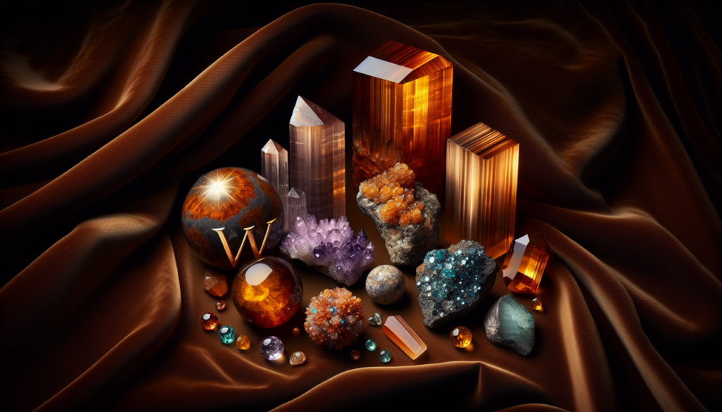 Montage de gemmes variées, dont Wulfénite orange, Willemite UV, Wonderstone bandé, Wolframite foncée brillante, sur velours foncé.