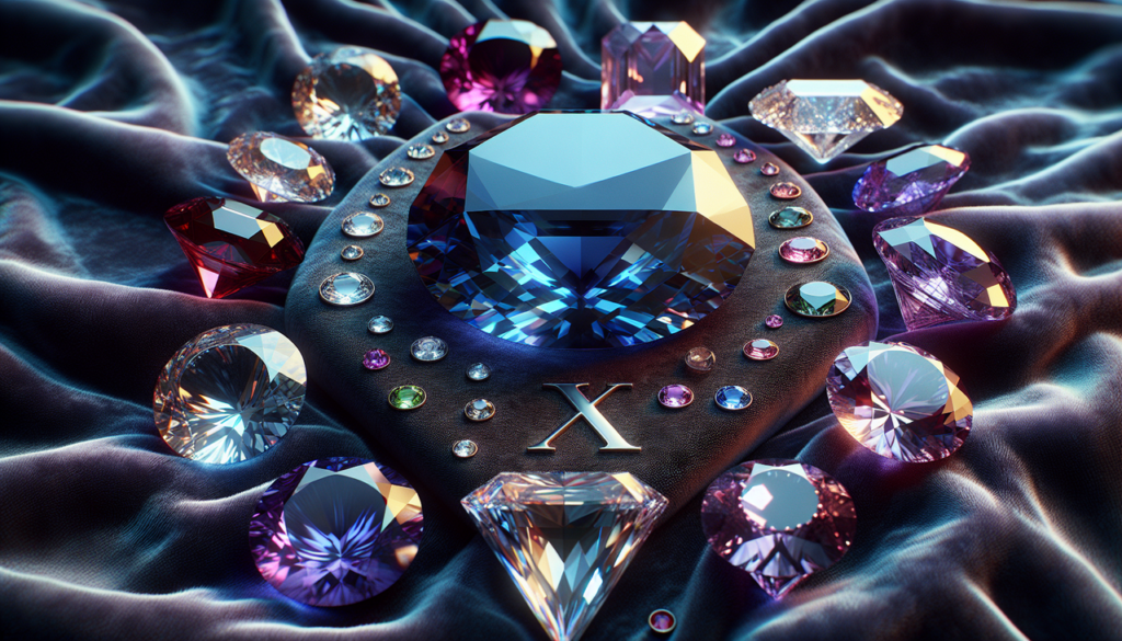 Gemmes X: assortiment brillant sur velours luxueux, éclairées naturellement.