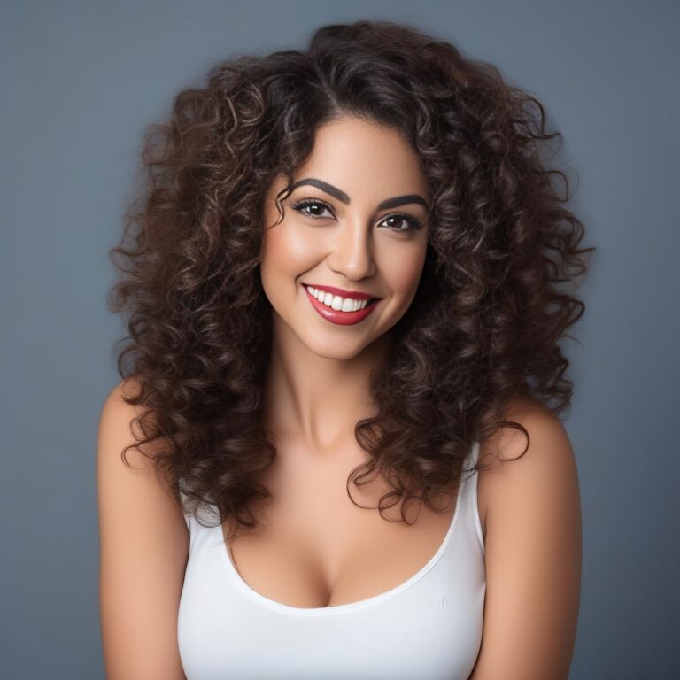 femme souriante cheveux bouclés