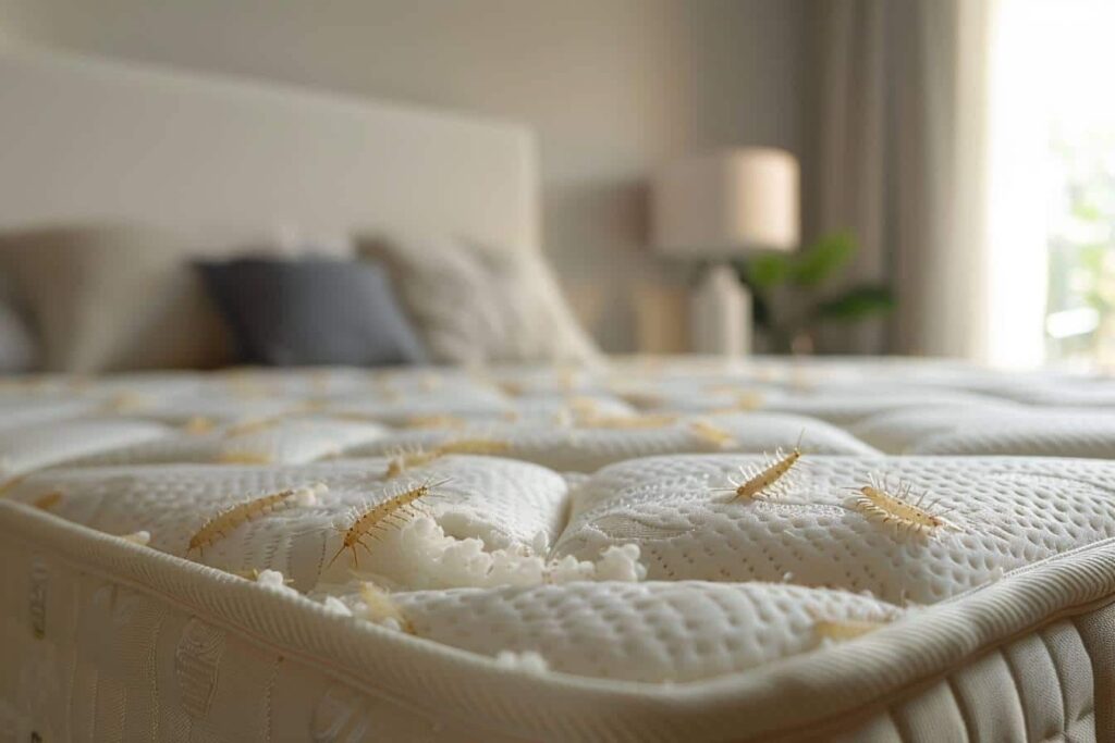 Illustration d'une larve d'anthrène sur un matelas, avec des conseils pour éliminer ces insectes nuisibles.