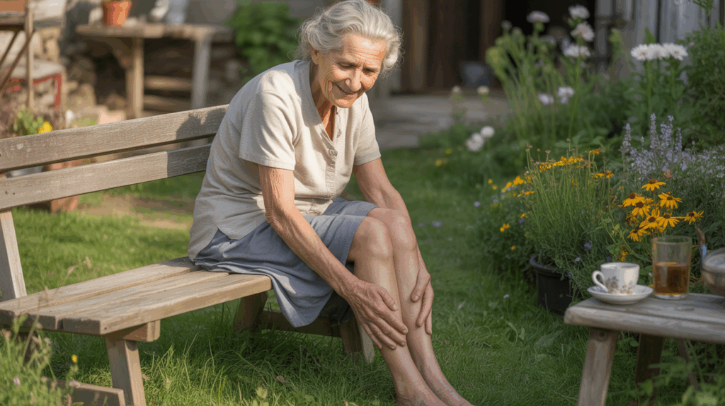Femme âgée assise dans un jardin ensoleillé, se massant les jambes avec sérénité, entourée de plantes médicinales et d’une tasse de tisane.