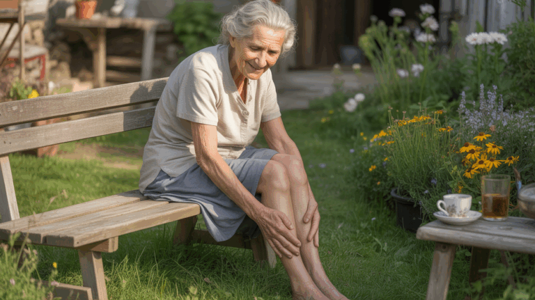 Femme âgée assise dans un jardin ensoleillé, se massant les jambes avec sérénité, entourée de plantes médicinales et d’une tasse de tisane.