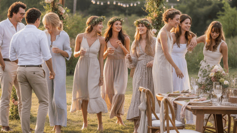 Scène réaliste d'un mariage bohème chic en plein air avec des invités élégants et détendus dans un décor champêtre naturel et lumineux.