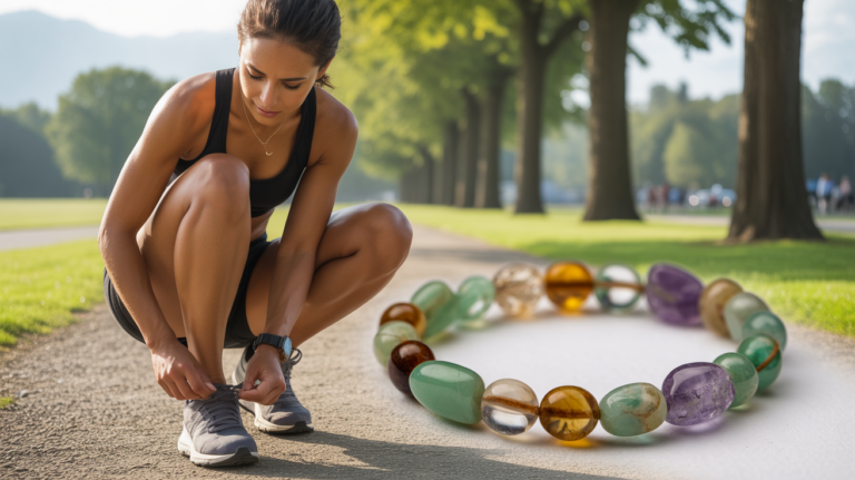 Femme nouant ses chaussures de course dans un parc ensoleillé, portant un bracelet de lithothérapie aux pierres naturelles pour la perte de poids.