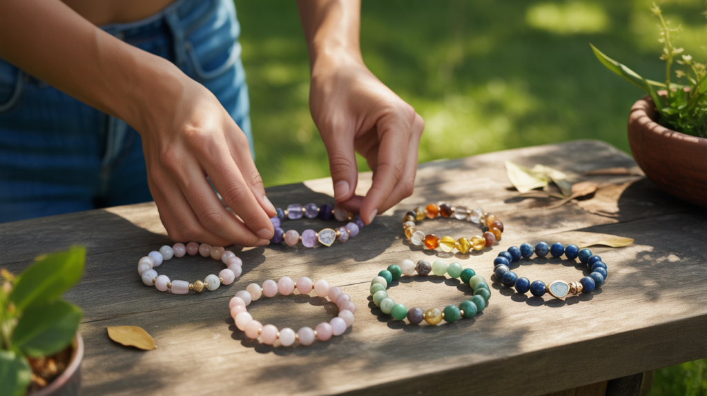 Mains arrangeant des bracelets en pierres naturelles sur une table en bois au soleil, montrant différentes couleurs et textures de pierres en lithothérapie dans un cadre extérieur réaliste.