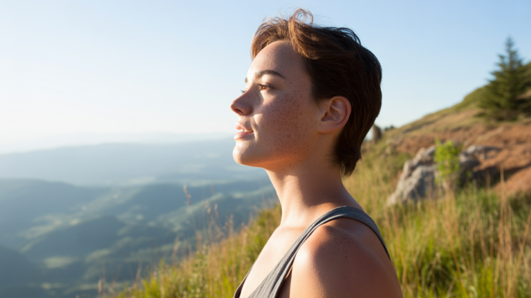 Personne debout au lever du soleil sur une falaise, regardant un paysage montagneux avec une posture confiante et naturelle.