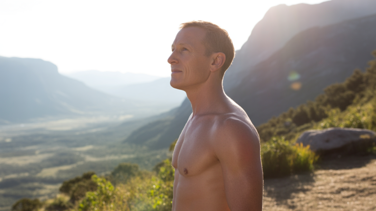 Personne debout face au soleil levant sur un belvédère naturel, posture confiante et sereine, paysage de montagnes réaliste et couleurs naturelles.