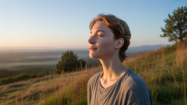 Personne sereine au lever du soleil sur une colline, respirant profondément et retrouvant confiance en soi dans un paysage naturel réaliste.