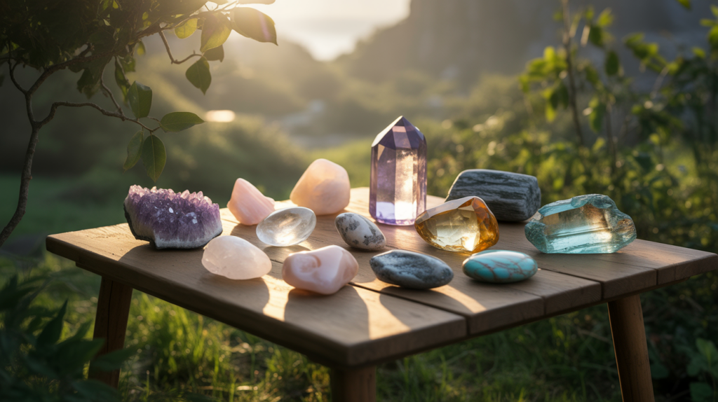 Composition naturelle de cristaux posés sur une table en bois au lever du soleil, entourée de verdure, avec des pierres aux textures réalistes et des ombres naturelles.