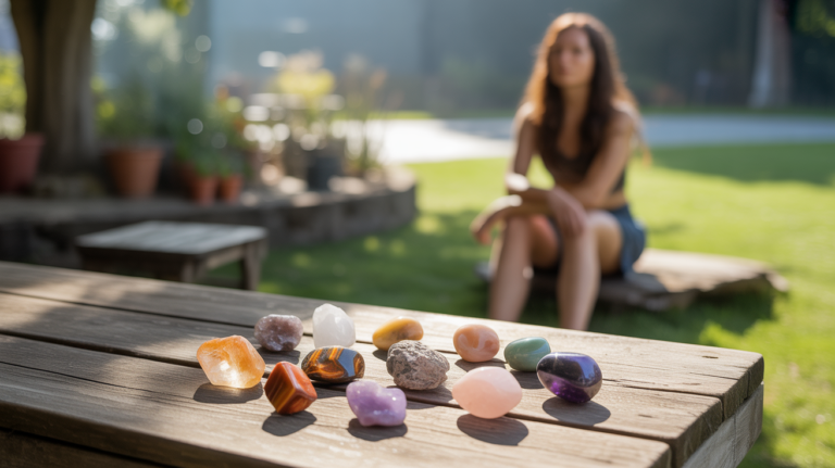 Cristaux naturels disposés sur une table en bois dans un jardin, avec une personne réaliste assise en arrière-plan, créant une ambiance authentique et apaisante.