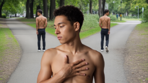 Scène réaliste dans un parc urbain où une personne se tient à un carrefour, exprimant d’un côté l’introspection liée à l’estime de soi et de l’autre une attitude assurée représentant la confiance en soi.