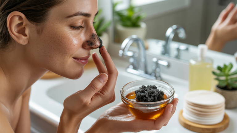 Personne appliquant un gommage anti-points noirs fait maison dans une salle de bain naturelle et réaliste, avec ingrédients visibles et ambiance authentique.