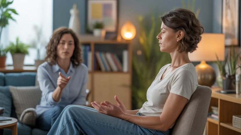 Séance d’hypnose réaliste dans un cabinet chaleureux, montrant une personne retrouvant confiance en elle.