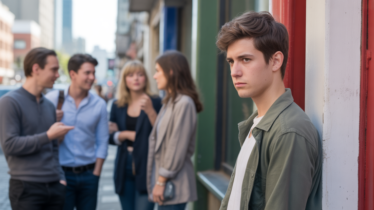 Personne en retrait observant un groupe social, exprimant subtilement un manque de confiance en soi dans une scène urbaine réaliste.