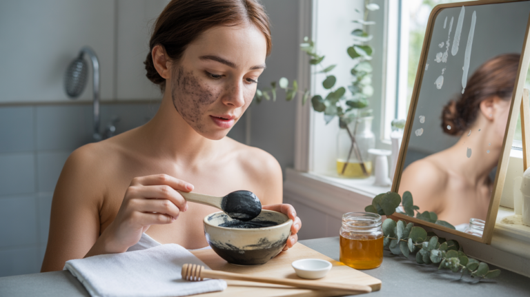 Femme préparant un masque anti-points noirs maison dans une salle de bain lumineuse avec ingrédients naturels et ambiance réaliste.