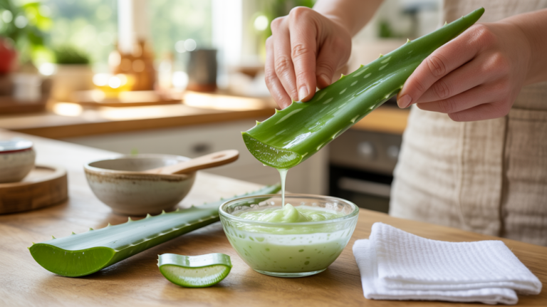 Préparation réaliste d’un masque hydratant maison à l’aloe vera dans une cuisine lumineuse avec feuille d’aloe fraîche et texture naturelle du gel.