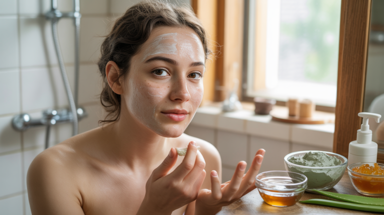 Jeune femme appliquant un masque anti-acné maison dans une salle de bain naturelle et lumineuse, avec ingrédients frais et détails réalistes.