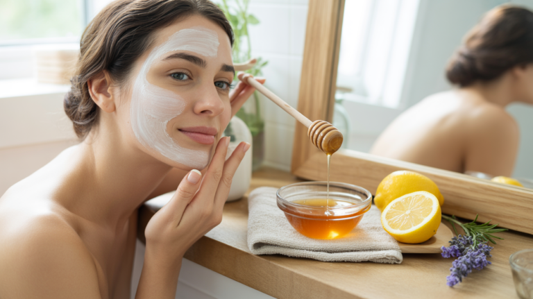 Femme appliquant un masque au miel dans une salle de bain naturelle avec ingrédients frais et lumière douce.