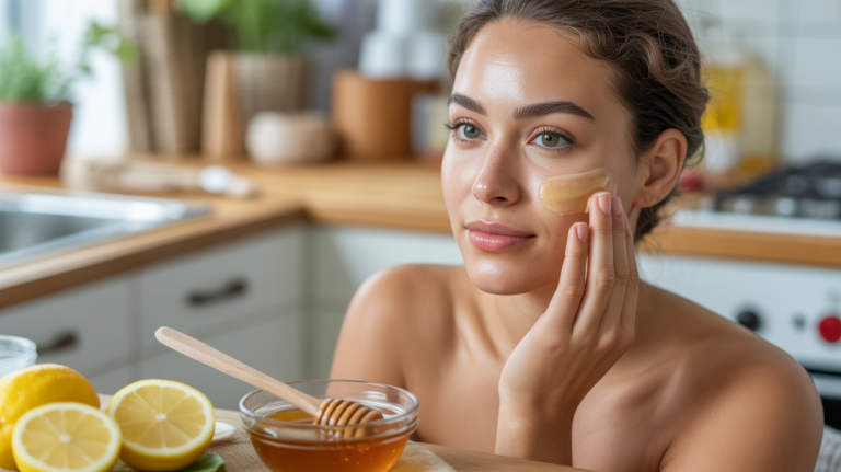 Portrait naturel d’une femme appliquant un masque miel citron dans une cuisine authentique avec des ingrédients visibles et des couleurs réalistes.