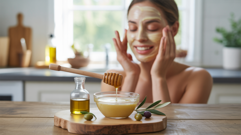 Préparation naturelle d’un masque visage au miel et à l’huile d’olive avec une femme appliquant le soin dans une ambiance réaliste et lumineuse.