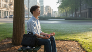Personne assise dans un parc au lever du soleil méditant quelques minutes avant une journée chargée, avec un décor urbain naturel et réaliste.