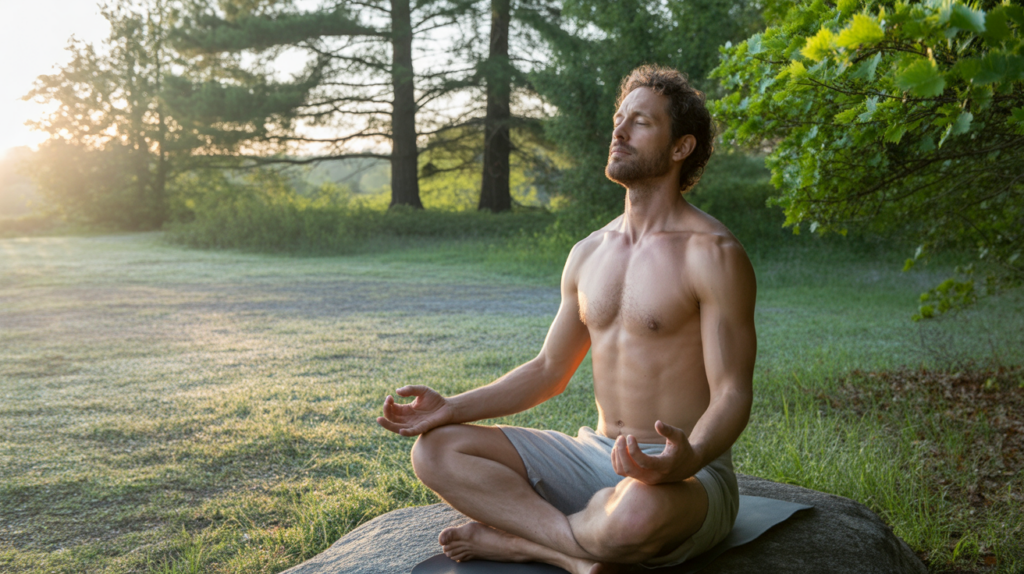 Homme méditant au lever du soleil dans une clairière naturelle, exprimant confiance et lâcher‑prise.