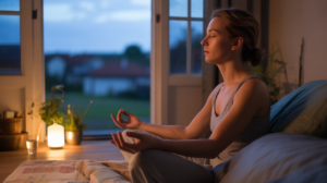 Personne méditant le soir dans une pièce chaleureuse et réaliste, baignée d’une lumière douce, prête à s’endormir.