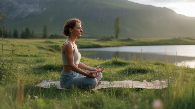 Personne méditant au lever du soleil dans une prairie naturelle avec un lac et des montagnes en arrière‑plan.