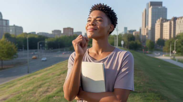 Personne debout sur une colline dans un parc urbain au lever du soleil, respirant avec confiance et tenant un carnet, avec des bâtiments réels en arrière-plan et une ambiance naturelle et authentique.