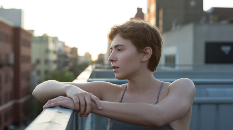 Jeune adulte sur un toit urbain au lever du soleil, dans une scène réaliste exprimant introspection et regain de confiance.