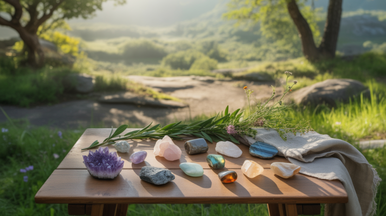 Photo réaliste de pierres naturelles posées sur une table en bois en extérieur, entourées de verdure et de lumière naturelle.