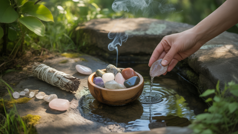 Scène naturelle montrant la purification de pierres avec de l’eau de source, des cristaux dans un bol en bois, de la sauge fumante et une main humaine réaliste dans un environnement extérieur authentique.