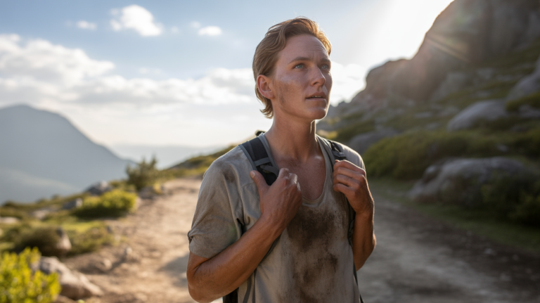 Personne réaliste sur un sentier de montagne après une épreuve, retrouvant confiance en elle dans un paysage naturel ensoleillé.