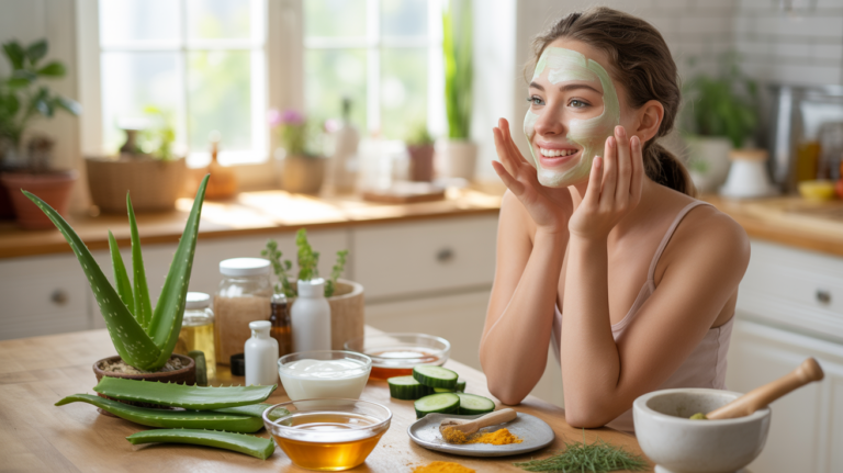 Jeune femme appliquant un masque visage maison dans une cuisine lumineuse avec ingrédients naturels sur la table.