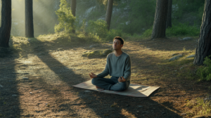 Personne tentant de méditer dans une clairière naturelle mais montrant des signes de tension et d’inconfort au lever du soleil.