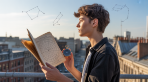 Personne réaliste sur un toit au lever du soleil consultant une carte astrologique avec un horizon urbain authentique.