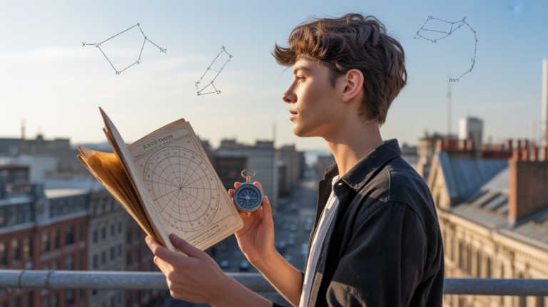 Personne réaliste sur un toit au lever du soleil consultant une carte astrologique avec un horizon urbain authentique.