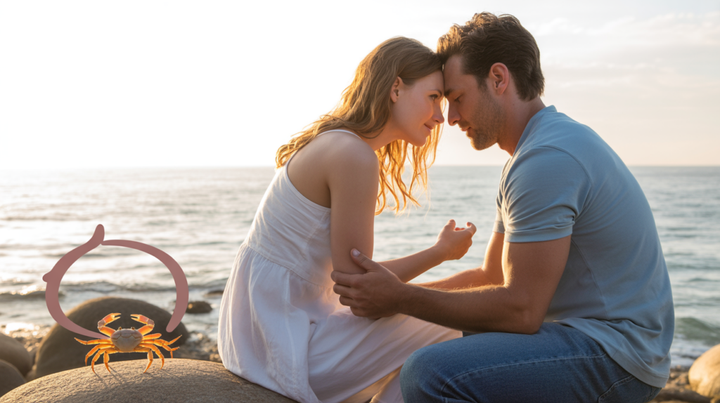 Scène réaliste au bord de la mer au coucher du soleil, montrant un couple tendre assis sur des rochers avec un crabe discret au premier plan, illustrant la sensibilité et la douceur du signe du Cancer.