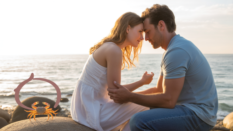 Scène réaliste au bord de la mer au coucher du soleil, montrant un couple tendre assis sur des rochers avec un crabe discret au premier plan, illustrant la sensibilité et la douceur du signe du Cancer.