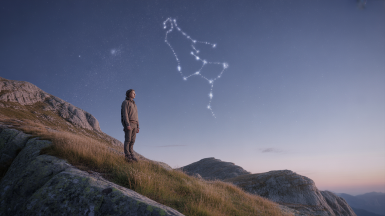 Personne debout au sommet d’une montagne au lever du soleil, dans une scène réaliste évoquant la détermination et la profondeur émotionnelle du signe du Capricorne.
